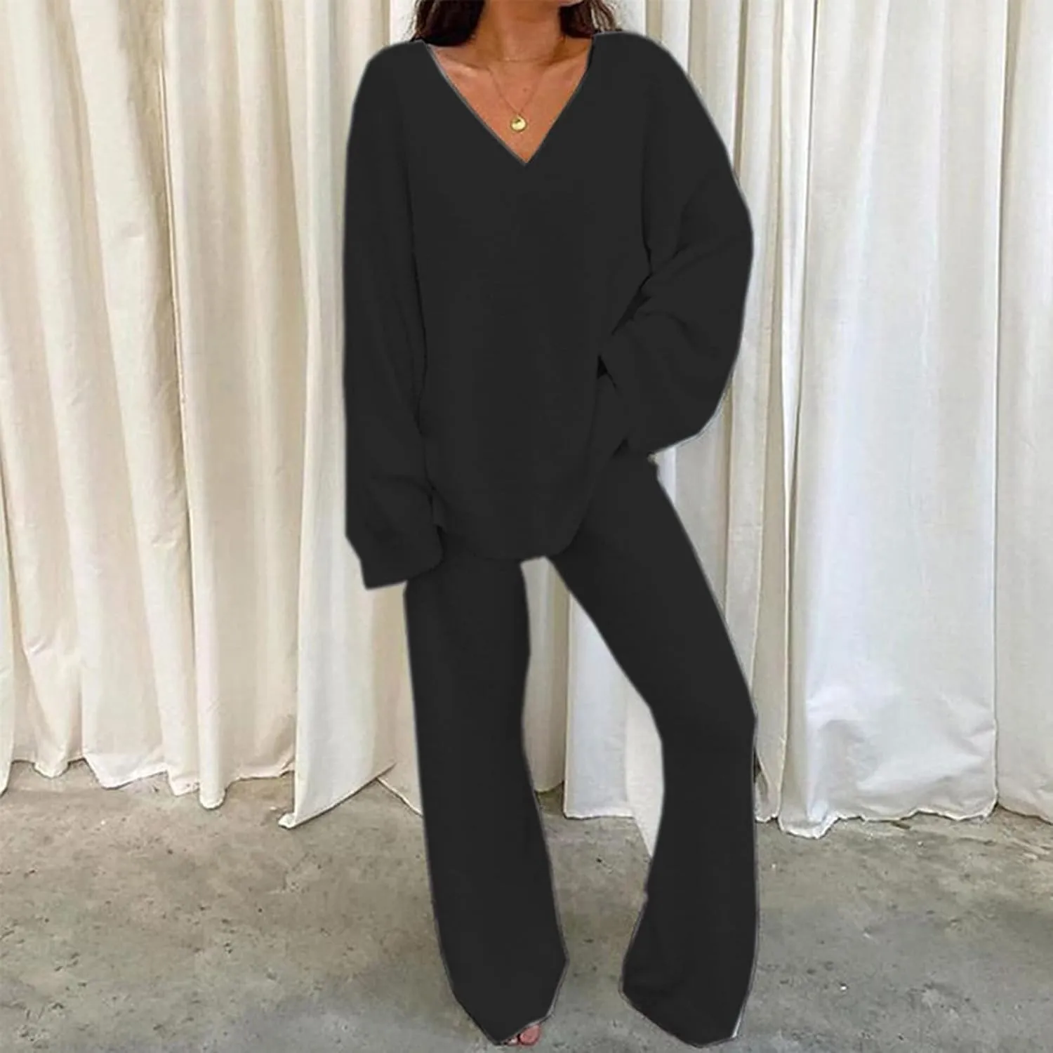 Lastesso 2 Piece Lounge Set Women Casual V Neck Long Sleeve Loungewear Sets with Soft Wid Leg Trousers Soft Pajamas Sleepwear
