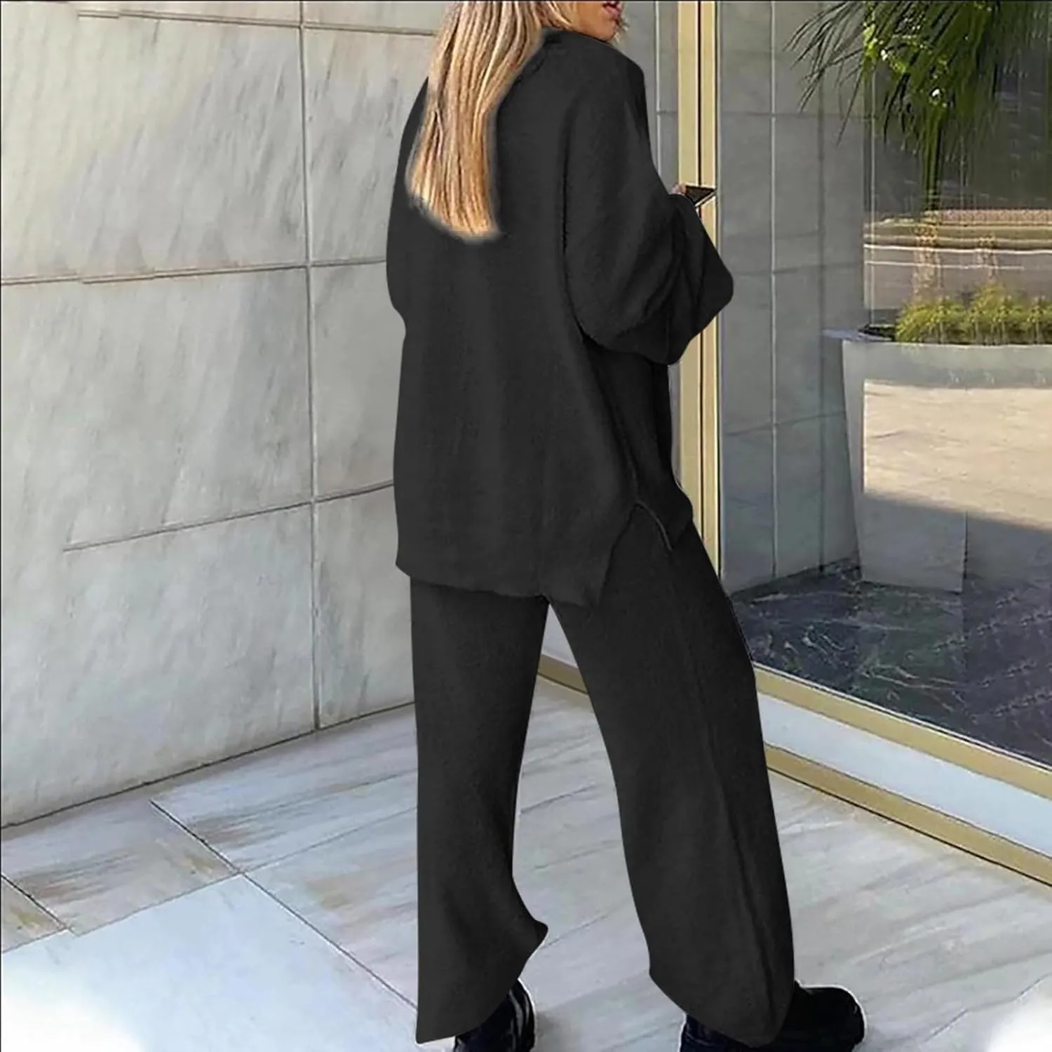 Lastesso 2 Piece Lounge Set Women Casual V Neck Long Sleeve Loungewear Sets with Soft Wid Leg Trousers Soft Pajamas Sleepwear