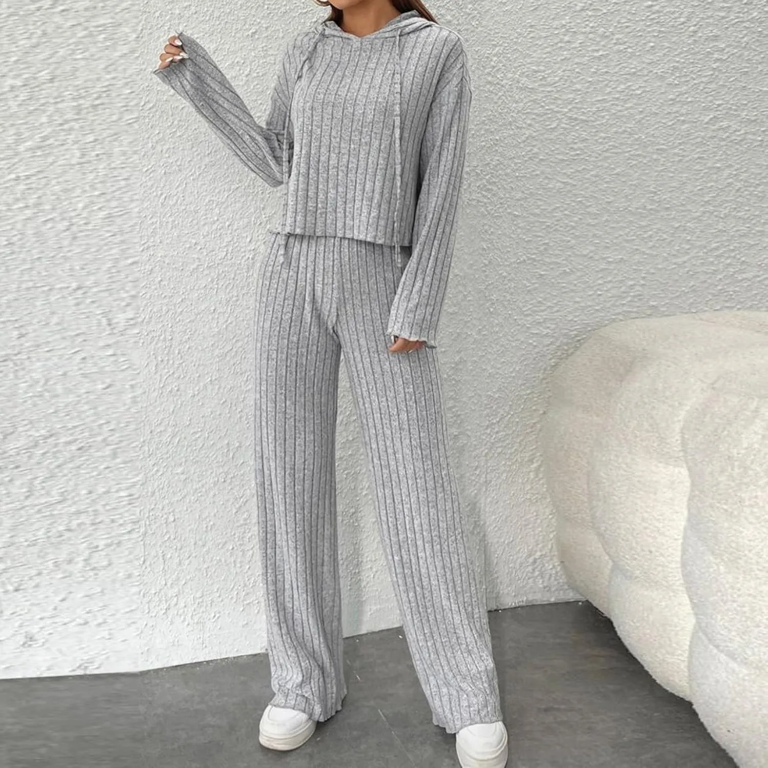 Lastesso Lounge Sets for Women 2 Piece Casual Crewneck Long Sleeve Sweatshirt Soft Wid Leg Trousers Basic Solid Sweatsuits