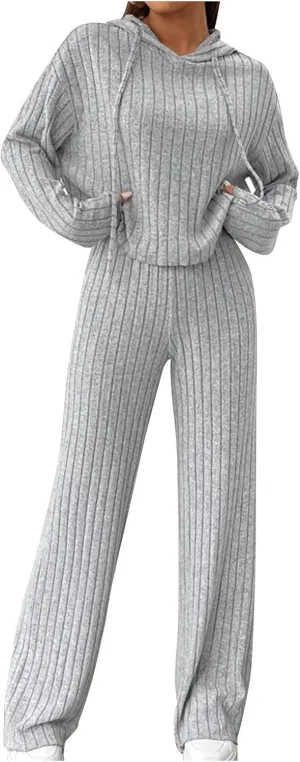 Lastesso Lounge Sets for Women 2 Piece Casual Crewneck Long Sleeve Sweatshirt Soft Wid Leg Trousers Basic Solid Sweatsuits