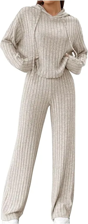 Lastesso Lounge Sets for Women 2 Piece Casual Crewneck Long Sleeve Sweatshirt Soft Wid Leg Trousers Basic Solid Sweatsuits