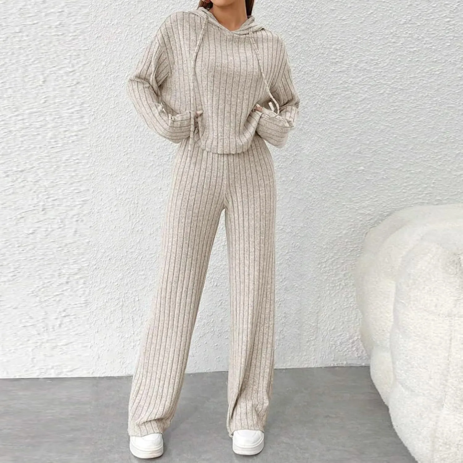 Lastesso Lounge Sets for Women 2 Piece Casual Crewneck Long Sleeve Sweatshirt Soft Wid Leg Trousers Basic Solid Sweatsuits