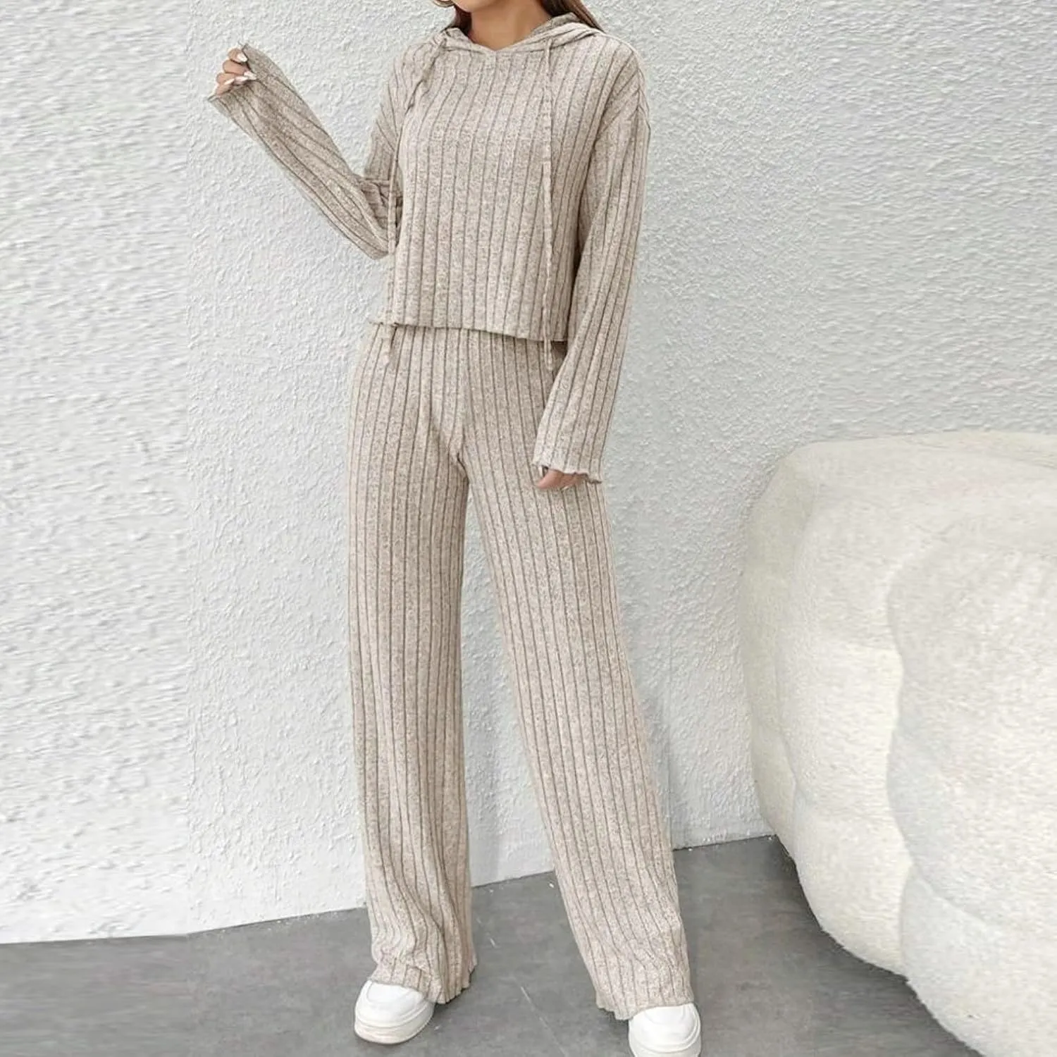 Lastesso Lounge Sets for Women 2 Piece Casual Crewneck Long Sleeve Sweatshirt Soft Wid Leg Trousers Basic Solid Sweatsuits