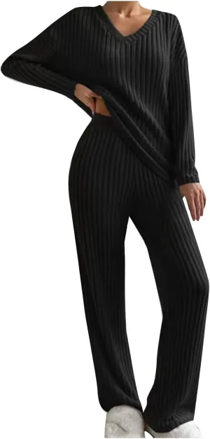 Lastesso Lounge Sets for Women Casual Cozy Pajama V Neck Loose Pullovers Tops Soft Wid Leg Trousers Comfy Homewear Suits