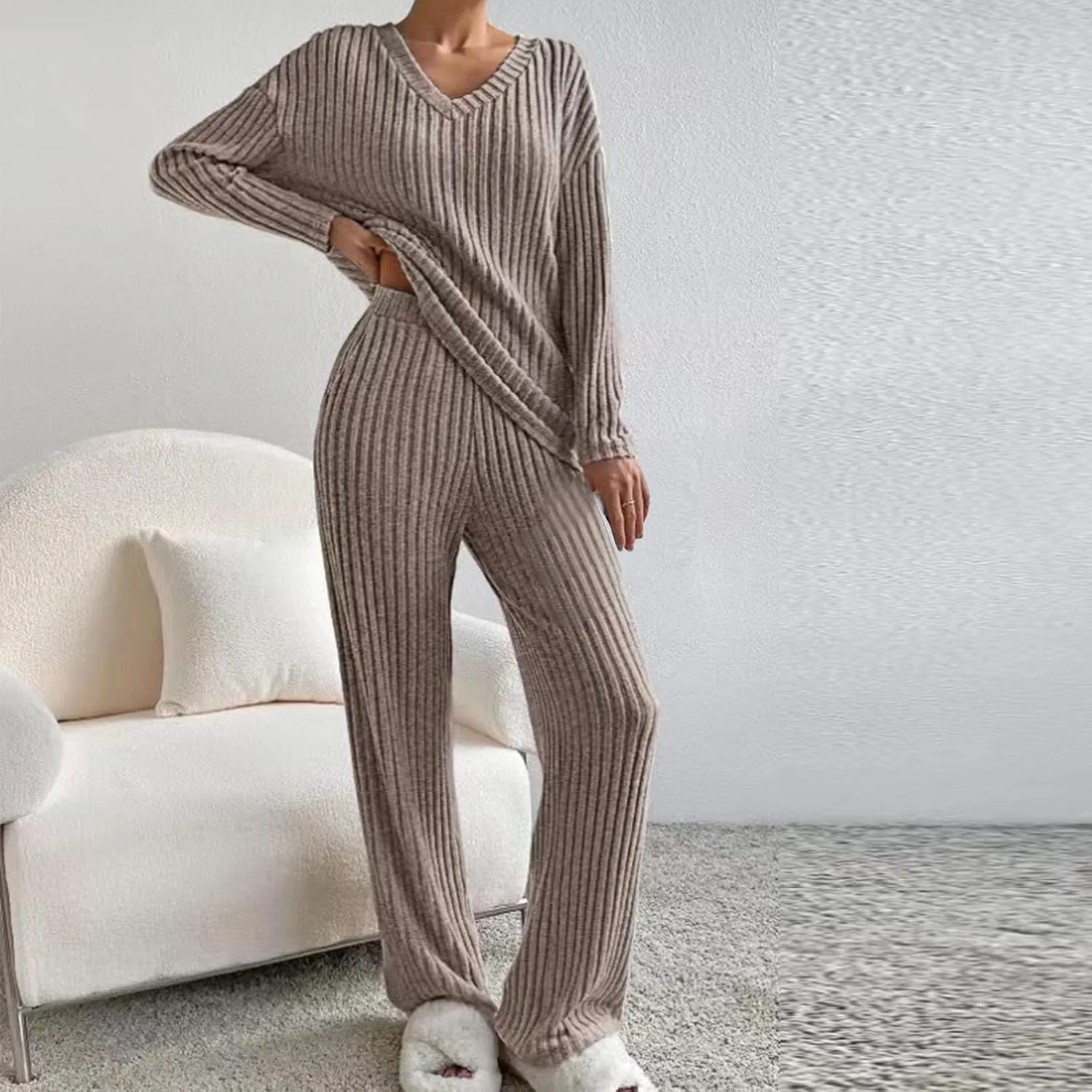 Lastesso Lounge Sets for Women Casual Cozy Pajama V Neck Loose Pullovers Tops Soft Wid Leg Trousers Comfy Homewear Suits