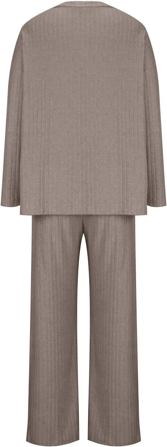 Lastesso Lounge Sets for Women Casual Cozy Pajama V Neck Loose Pullovers Tops Soft Wid Leg Trousers Comfy Homewear Suits