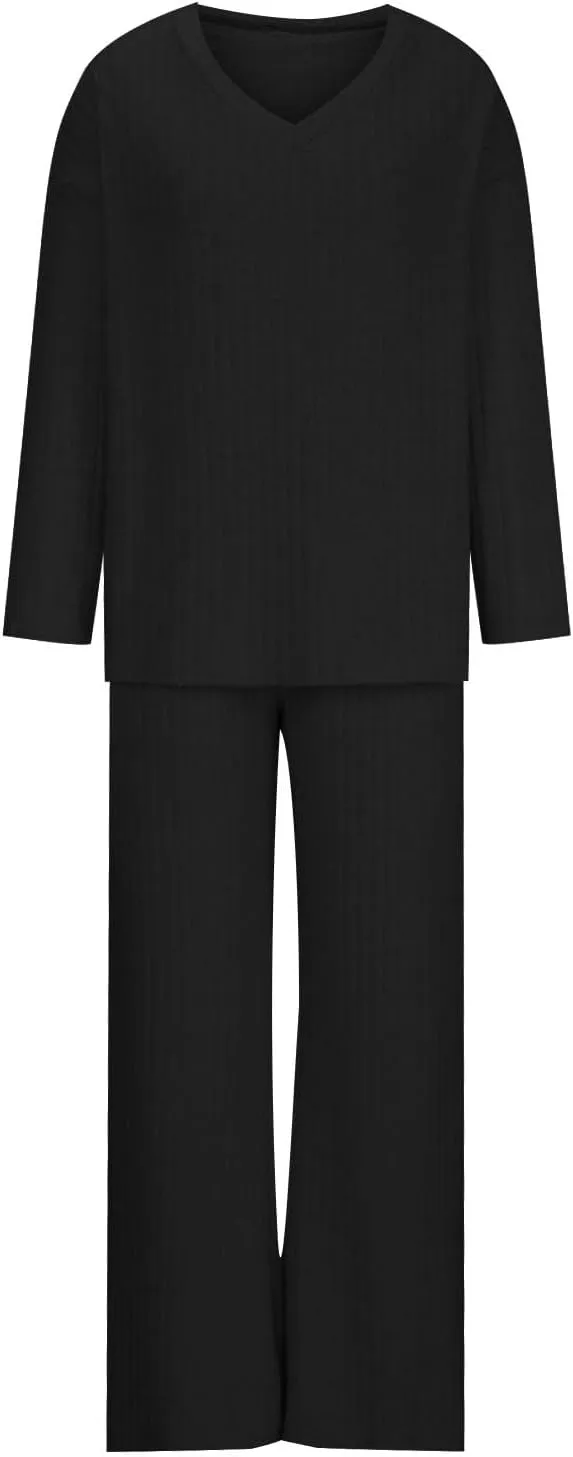Lastesso Lounge Sets for Women Casual Cozy Pajama V Neck Loose Pullovers Tops Soft Wid Leg Trousers Comfy Homewear Suits