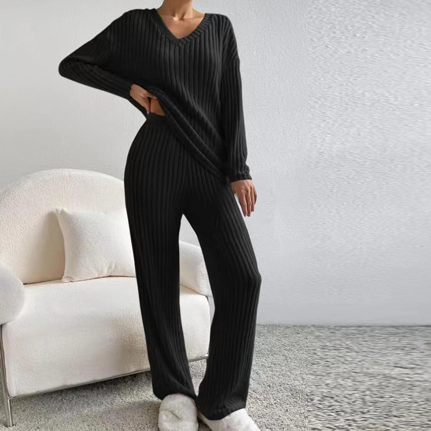 Lastesso Lounge Sets for Women Casual Cozy Pajama V Neck Loose Pullovers Tops Soft Wid Leg Trousers Comfy Homewear Suits