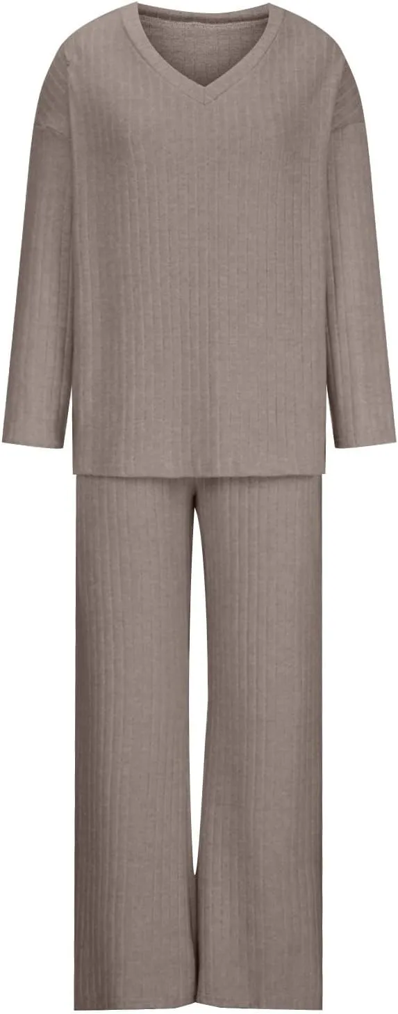 Lastesso Lounge Sets for Women Casual Cozy Pajama V Neck Loose Pullovers Tops Soft Wid Leg Trousers Comfy Homewear Suits