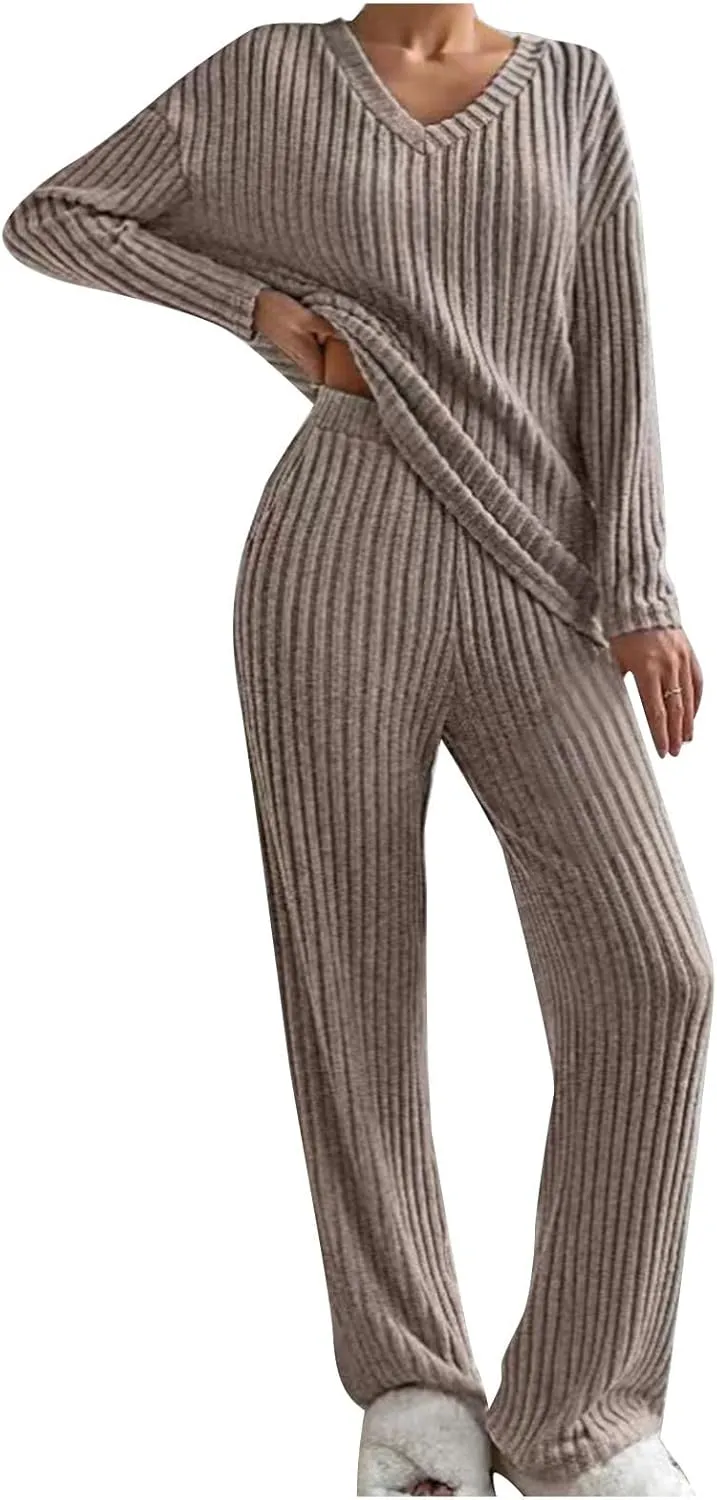 Lastesso Lounge Sets for Women Casual Cozy Pajama V Neck Loose Pullovers Tops Soft Wid Leg Trousers Comfy Homewear Suits