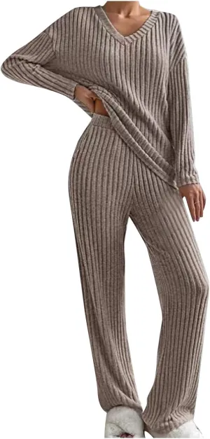 Lastesso Lounge Sets for Women Casual Cozy Pajama V Neck Loose Pullovers Tops Soft Wid Leg Trousers Comfy Homewear Suits