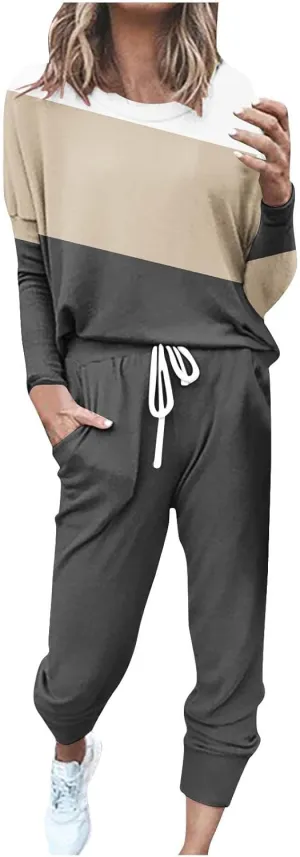 Lastesso Plus Size Lounge Sets for Women Color Block Joggers Track Suits Casual Tie Ankle Banded Loungewear Soft Sweatsuits