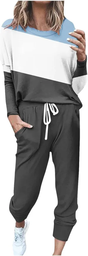 Lastesso Plus Size Lounge Sets for Women Color Block Joggers Track Suits Casual Tie Ankle Banded Loungewear Soft Sweatsuits
