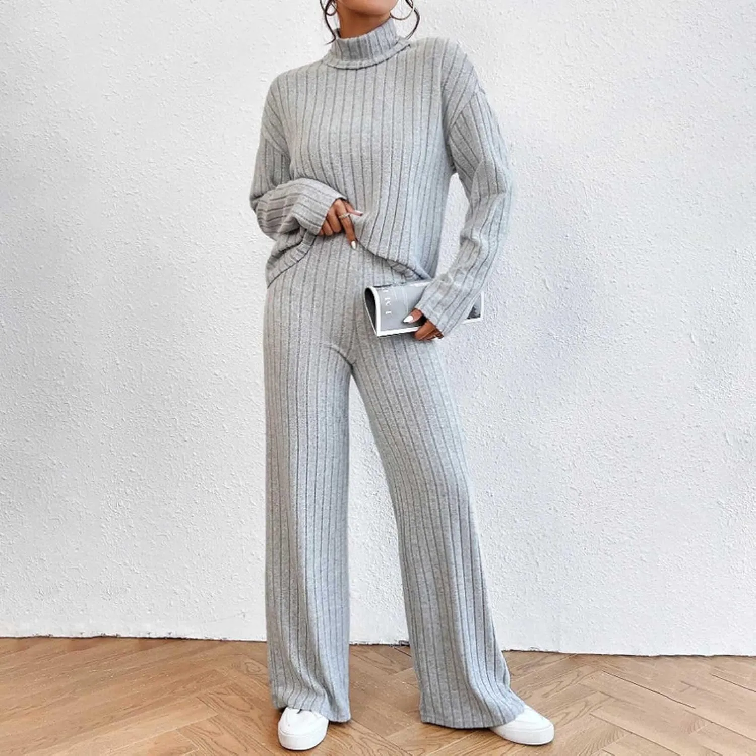 Lastesso Sweat Sets for Women 2 Piece High Neck Long Sleeve Pullovers Wid Leg Pants Soft Knit Solid Loungewear Outfits