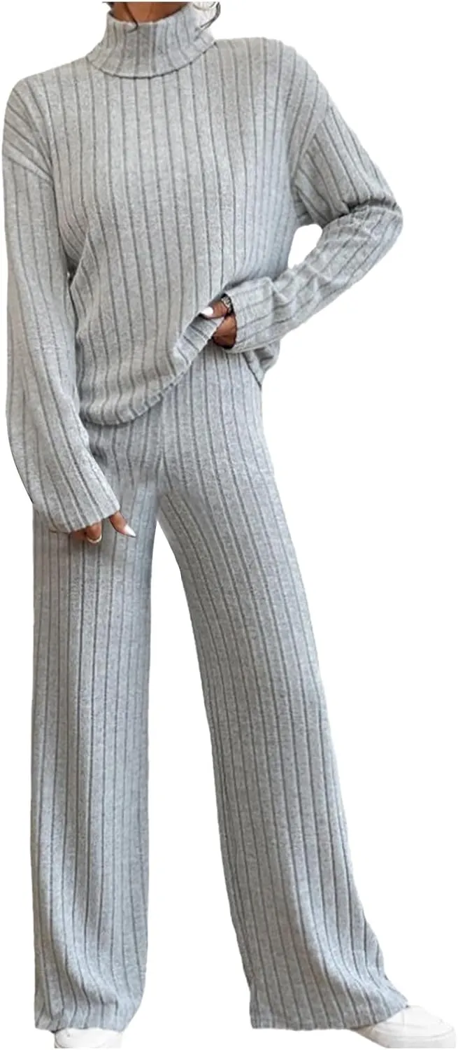 Lastesso Sweat Sets for Women 2 Piece High Neck Long Sleeve Pullovers Wid Leg Pants Soft Knit Solid Loungewear Outfits