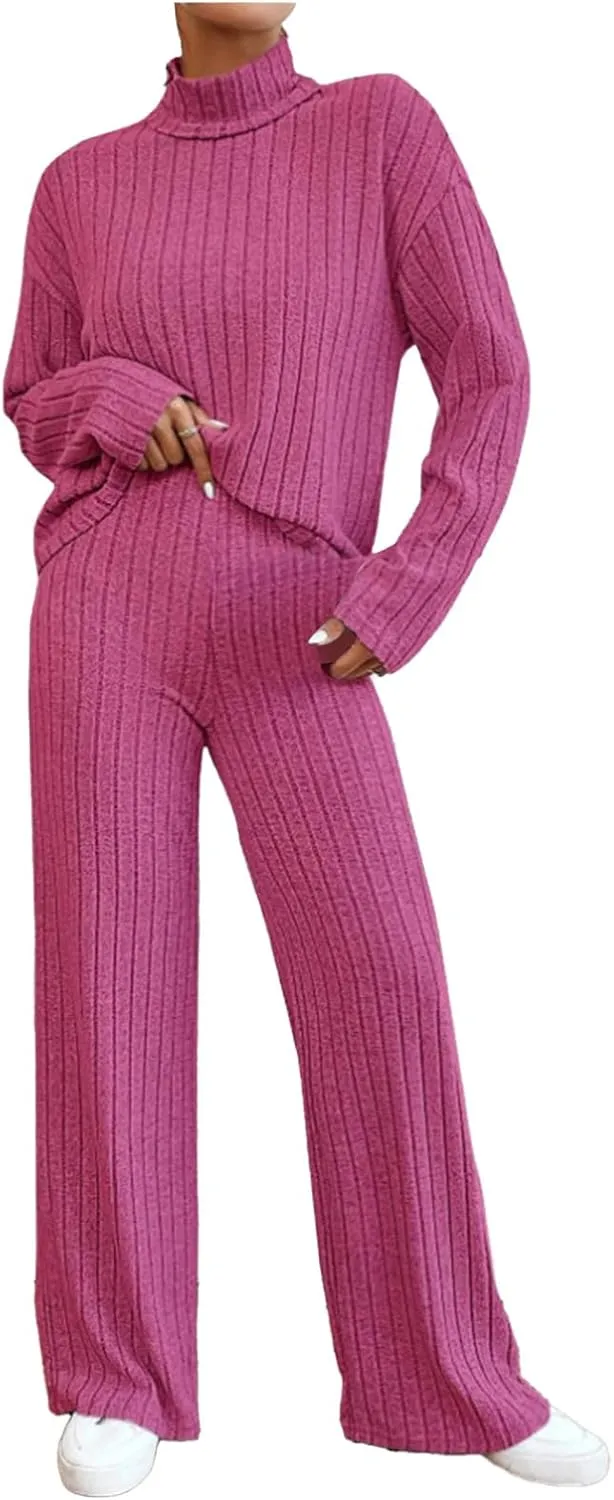 Lastesso Sweat Sets for Women 2 Piece High Neck Long Sleeve Pullovers Wid Leg Pants Soft Knit Solid Loungewear Outfits