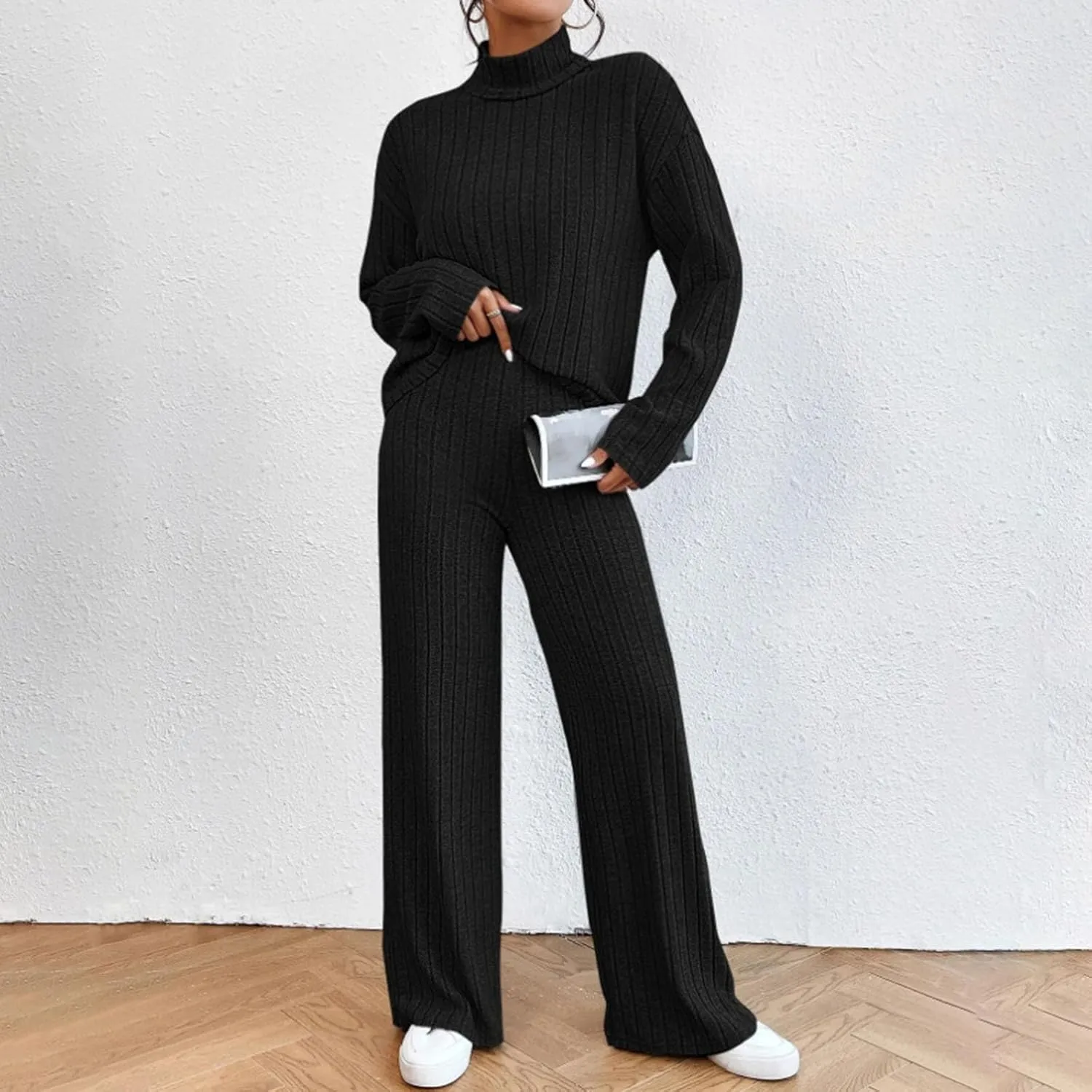 Lastesso Sweat Sets for Women 2 Piece High Neck Long Sleeve Pullovers Wid Leg Pants Soft Knit Solid Loungewear Outfits