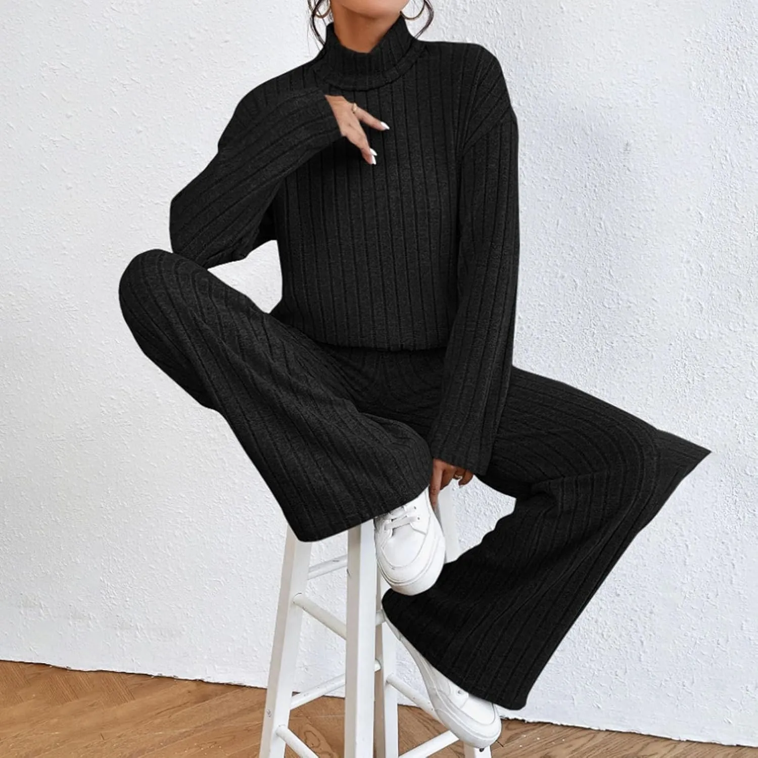 Lastesso Sweat Sets for Women 2 Piece High Neck Long Sleeve Pullovers Wid Leg Pants Soft Knit Solid Loungewear Outfits