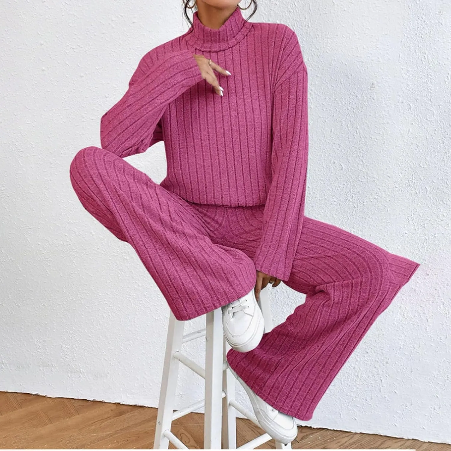 Lastesso Sweat Sets for Women 2 Piece High Neck Long Sleeve Pullovers Wid Leg Pants Soft Knit Solid Loungewear Outfits