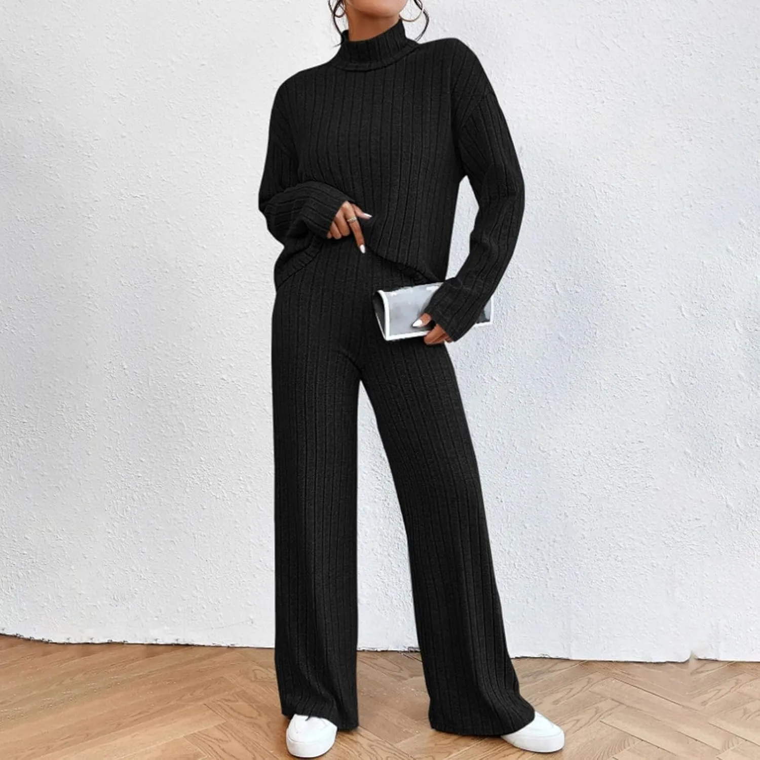 Lastesso Sweat Sets for Women 2 Piece High Neck Long Sleeve Pullovers Wid Leg Pants Soft Knit Solid Loungewear Outfits