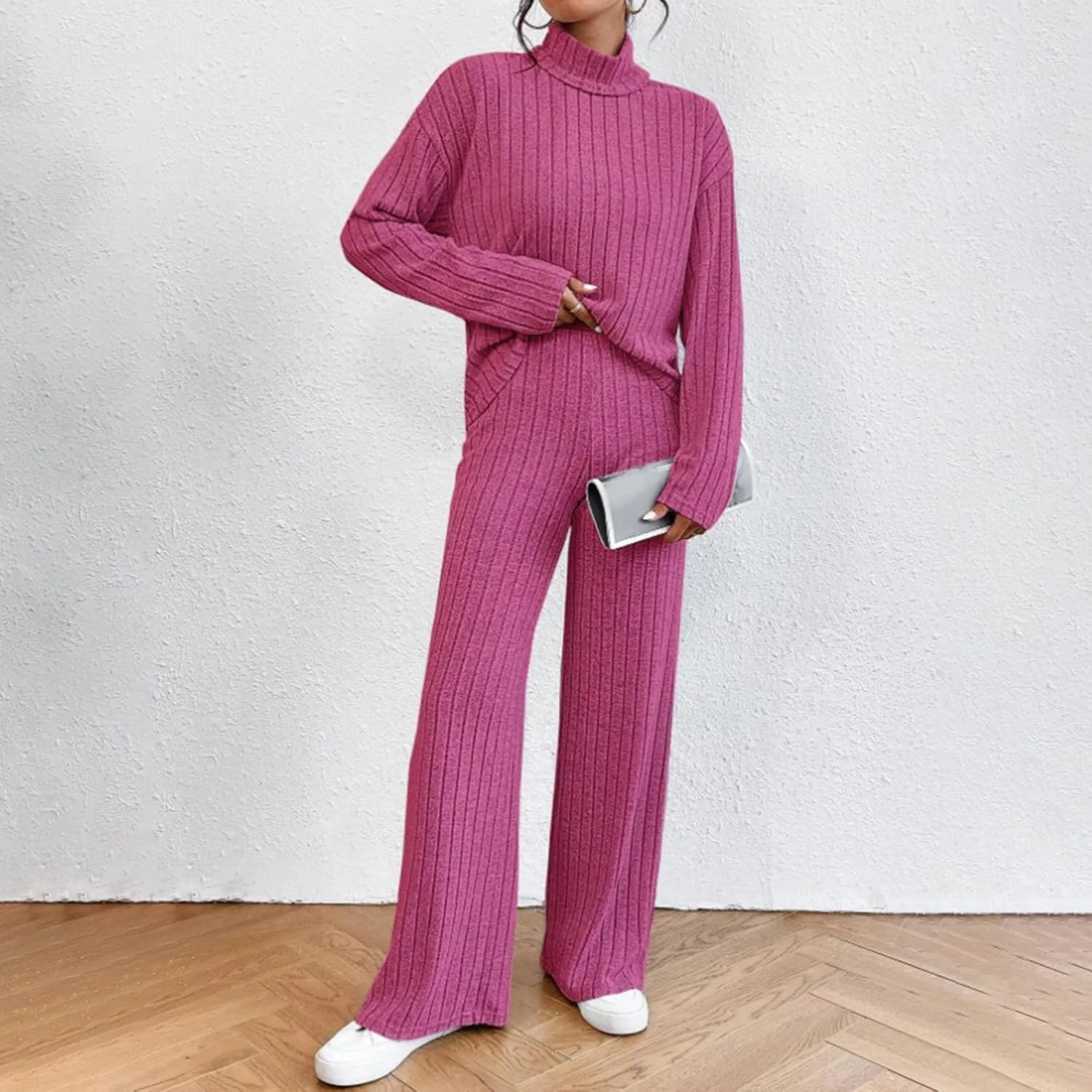 Lastesso Sweat Sets for Women 2 Piece High Neck Long Sleeve Pullovers Wid Leg Pants Soft Knit Solid Loungewear Outfits