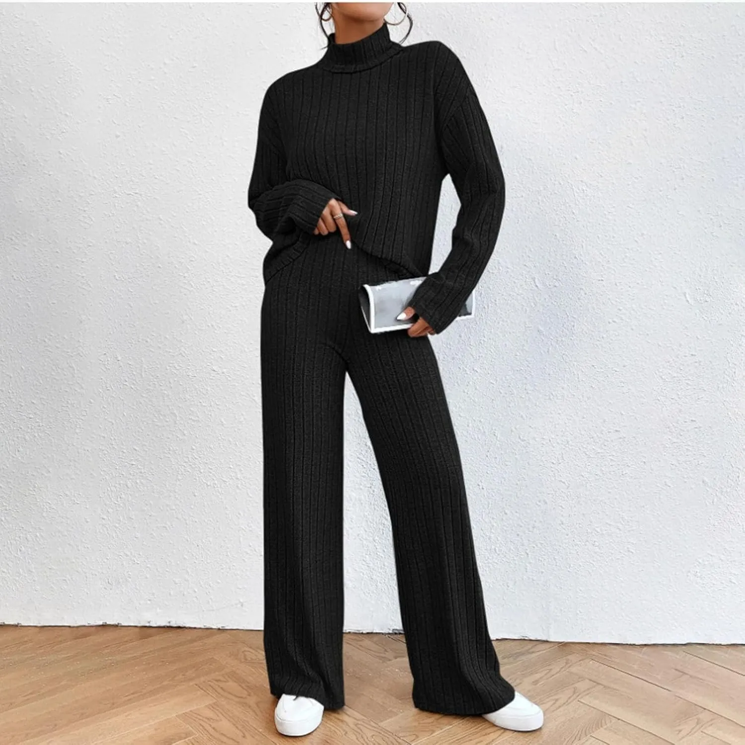 Lastesso Sweat Sets for Women 2 Piece High Neck Long Sleeve Pullovers Wid Leg Pants Soft Knit Solid Loungewear Outfits