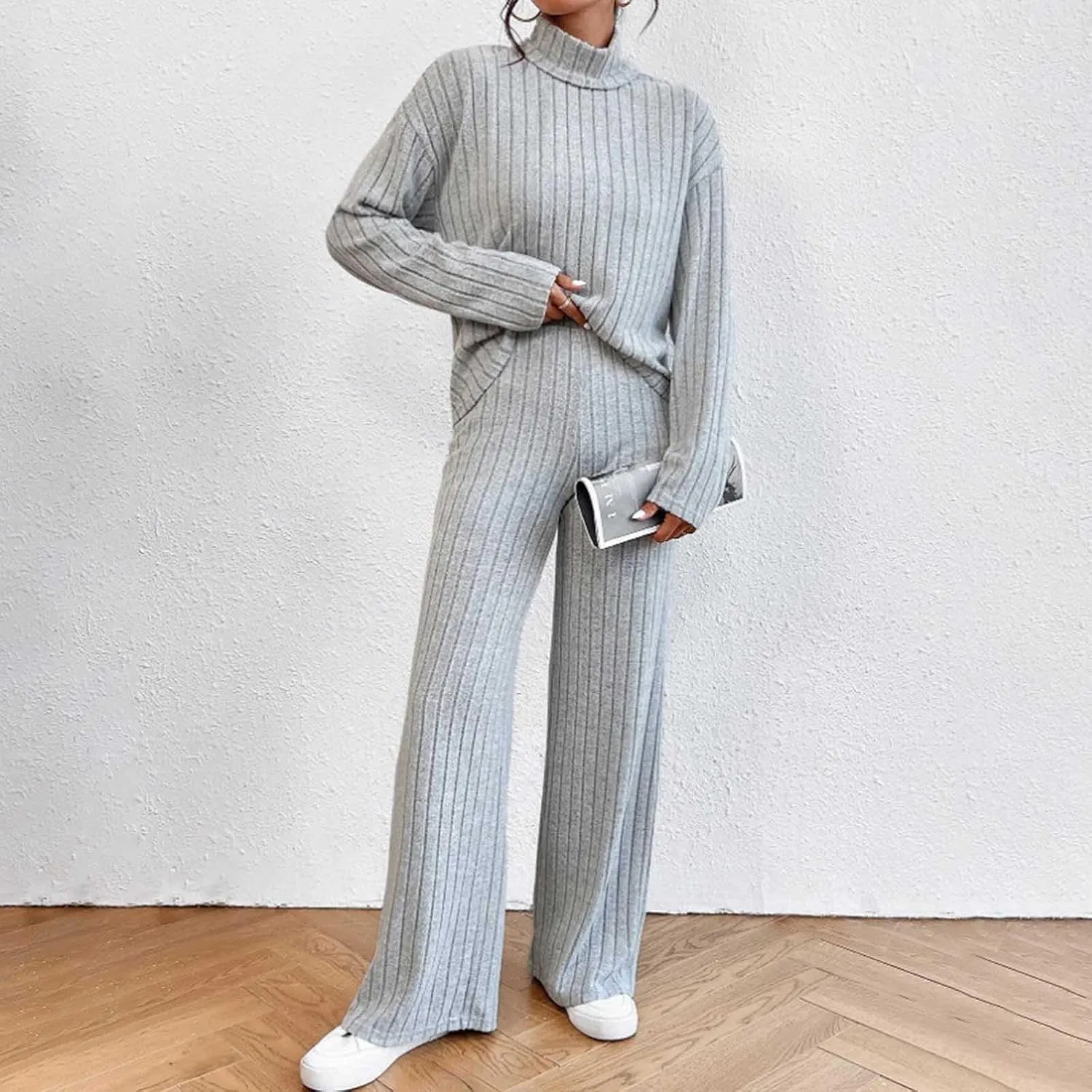 Lastesso Sweat Sets for Women 2 Piece High Neck Long Sleeve Pullovers Wid Leg Pants Soft Knit Solid Loungewear Outfits