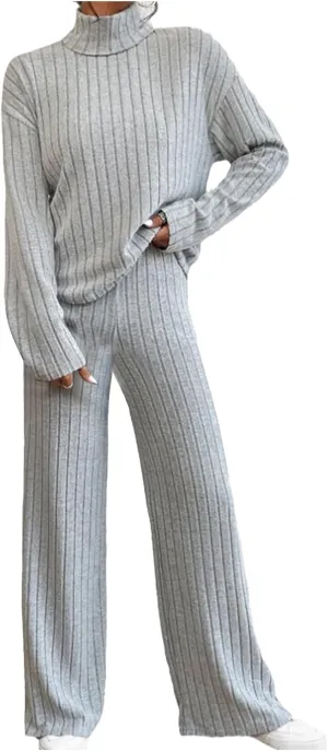 Lastesso Sweat Sets for Women 2 Piece High Neck Long Sleeve Pullovers Wid Leg Pants Soft Knit Solid Loungewear Outfits