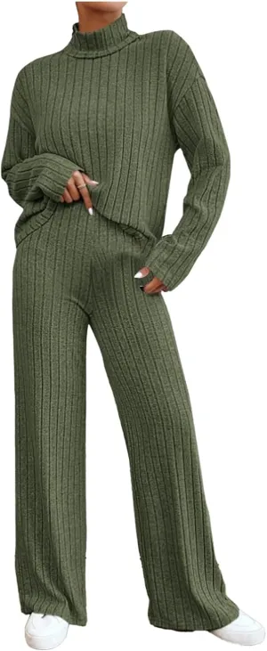 Lastesso Sweat Sets for Women 2 Piece High Neck Long Sleeve Pullovers Wid Leg Pants Soft Knit Solid Loungewear Outfits