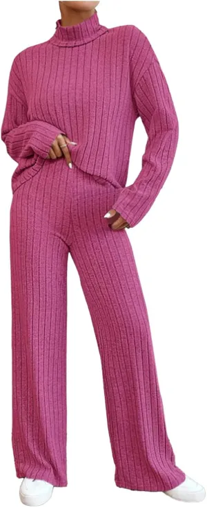 Lastesso Sweat Sets for Women 2 Piece High Neck Long Sleeve Pullovers Wid Leg Pants Soft Knit Solid Loungewear Outfits
