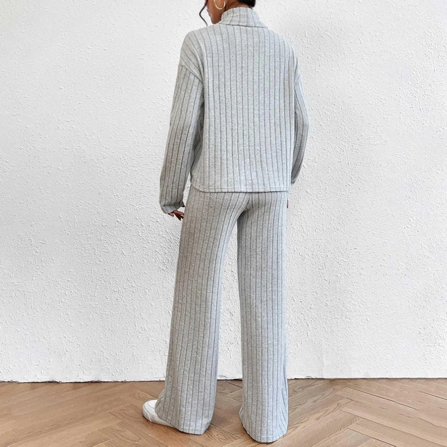 Lastesso Sweat Sets for Women 2 Piece High Neck Long Sleeve Pullovers Wid Leg Pants Soft Knit Solid Loungewear Outfits