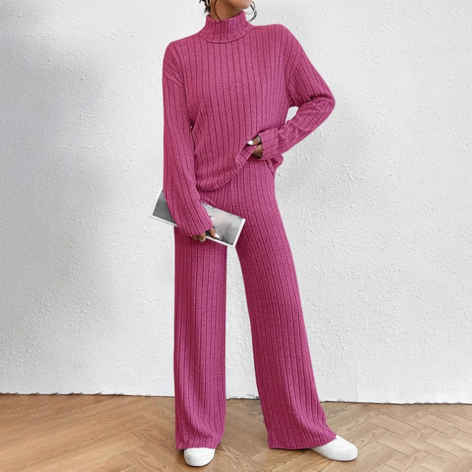 Lastesso Sweat Sets for Women 2 Piece High Neck Long Sleeve Pullovers Wid Leg Pants Soft Knit Solid Loungewear Outfits