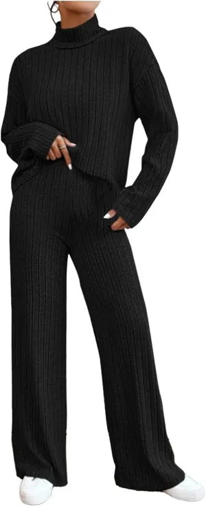 Lastesso Sweat Sets for Women 2 Piece High Neck Long Sleeve Pullovers Wid Leg Pants Soft Knit Solid Loungewear Outfits