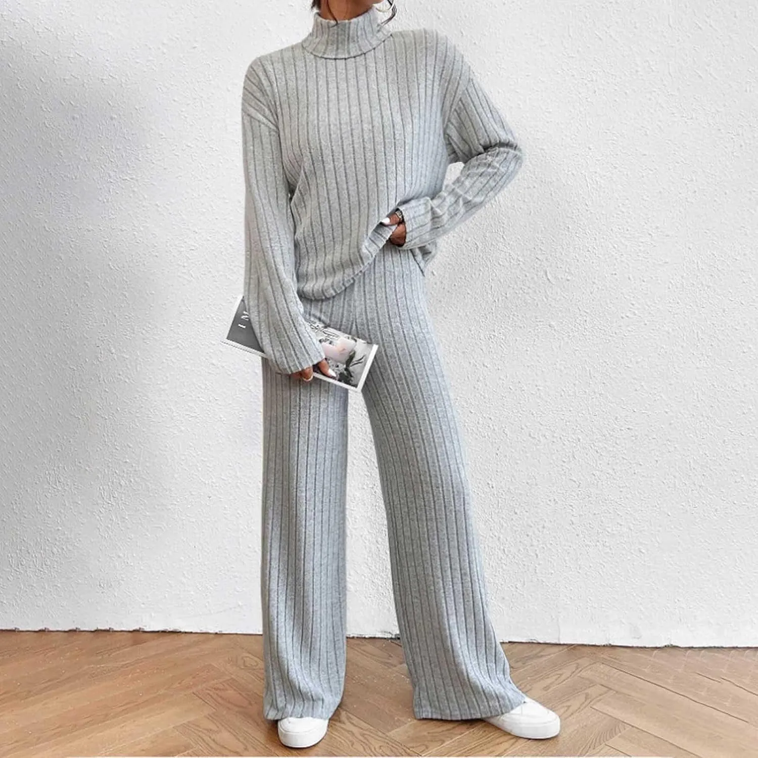 Lastesso Sweat Sets for Women 2 Piece High Neck Long Sleeve Pullovers Wid Leg Pants Soft Knit Solid Loungewear Outfits