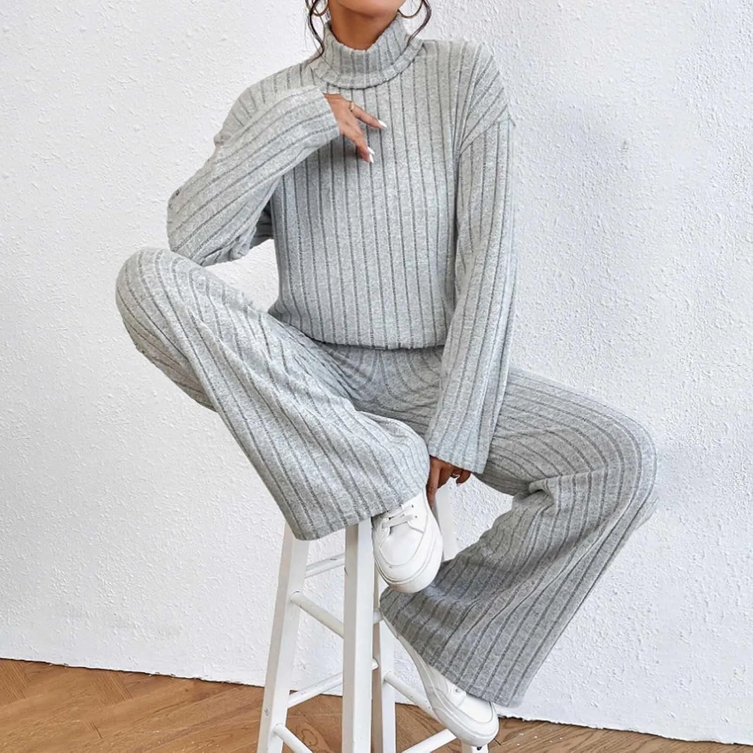 Lastesso Sweat Sets for Women 2 Piece High Neck Long Sleeve Pullovers Wid Leg Pants Soft Knit Solid Loungewear Outfits
