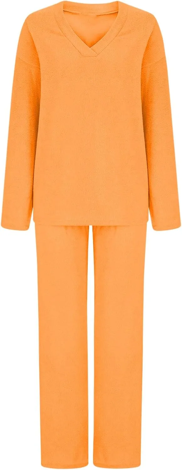 Lastesso Two Piece Sets for Women Loose Size Loungewear Soft Long Sleeve V Neck Homewear Outfits Baggy Wid Leg Slacks