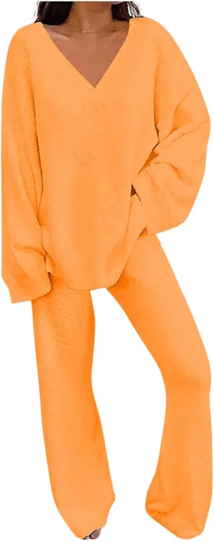 Lastesso Two Piece Sets for Women Loose Size Loungewear Soft Long Sleeve V Neck Homewear Outfits Baggy Wid Leg Slacks