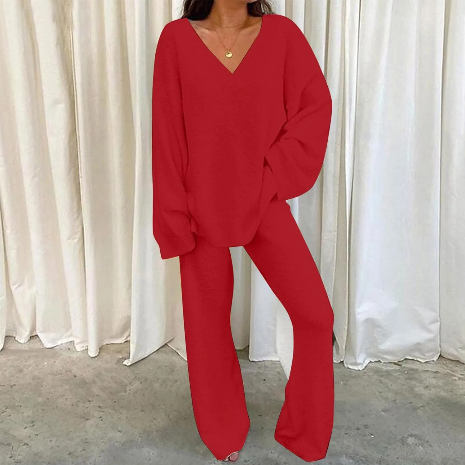 Lastesso Two Piece Sets for Women Loose Size Loungewear Soft Long Sleeve V Neck Homewear Outfits Baggy Wid Leg Slacks