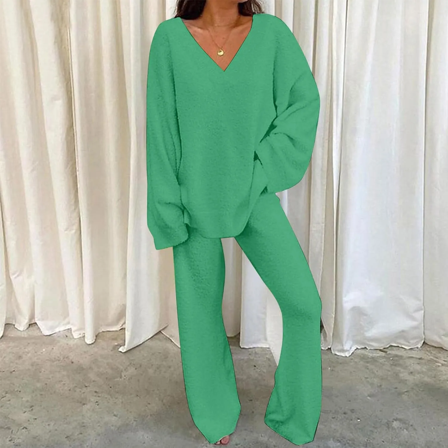 Lastesso Two Piece Sets for Women Loose Size Loungewear Soft Long Sleeve V Neck Homewear Outfits Baggy Wid Leg Slacks