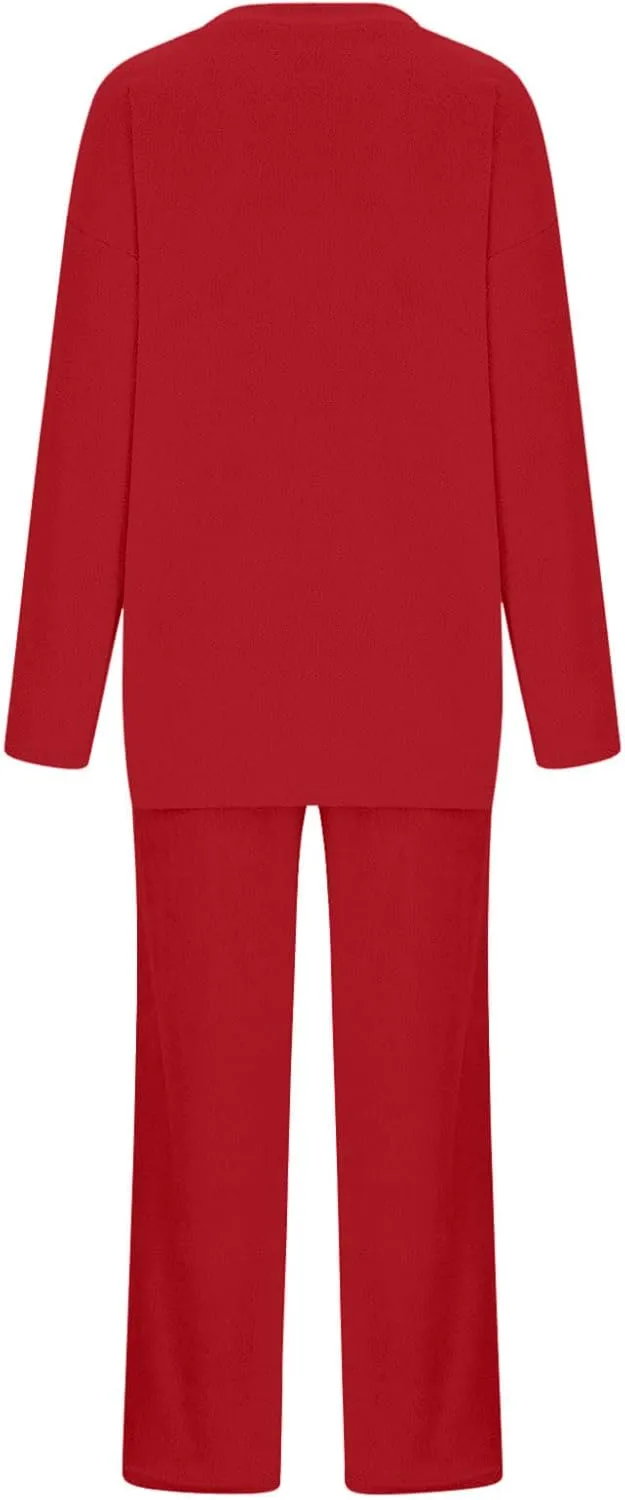 Lastesso Two Piece Sets for Women Loose Size Loungewear Soft Long Sleeve V Neck Homewear Outfits Baggy Wid Leg Slacks