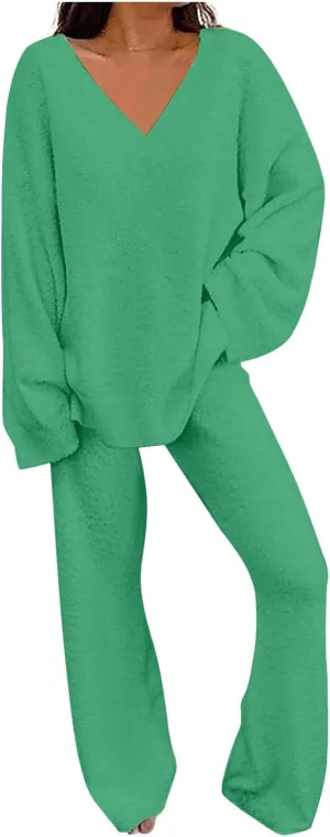 Lastesso Two Piece Sets for Women Loose Size Loungewear Soft Long Sleeve V Neck Homewear Outfits Baggy Wid Leg Slacks