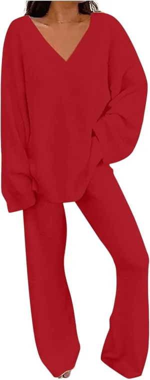 Lastesso Two Piece Sets for Women Loose Size Loungewear Soft Long Sleeve V Neck Homewear Outfits Baggy Wid Leg Slacks