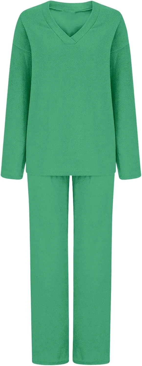 Lastesso Two Piece Sets for Women Loose Size Loungewear Soft Long Sleeve V Neck Homewear Outfits Baggy Wid Leg Slacks
