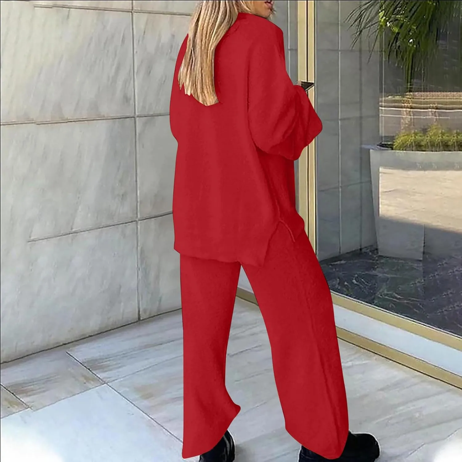 Lastesso Two Piece Sets for Women Loose Size Loungewear Soft Long Sleeve V Neck Homewear Outfits Baggy Wid Leg Slacks