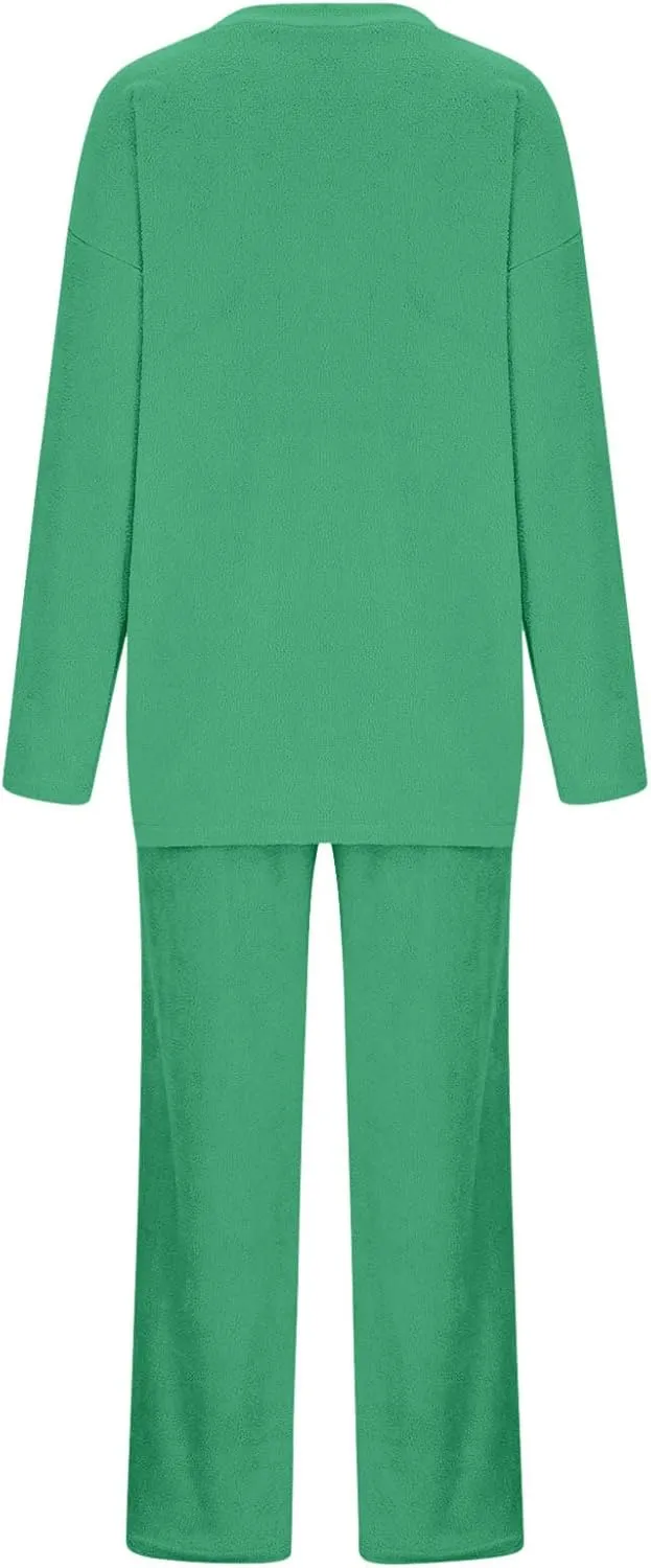 Lastesso Two Piece Sets for Women Loose Size Loungewear Soft Long Sleeve V Neck Homewear Outfits Baggy Wid Leg Slacks