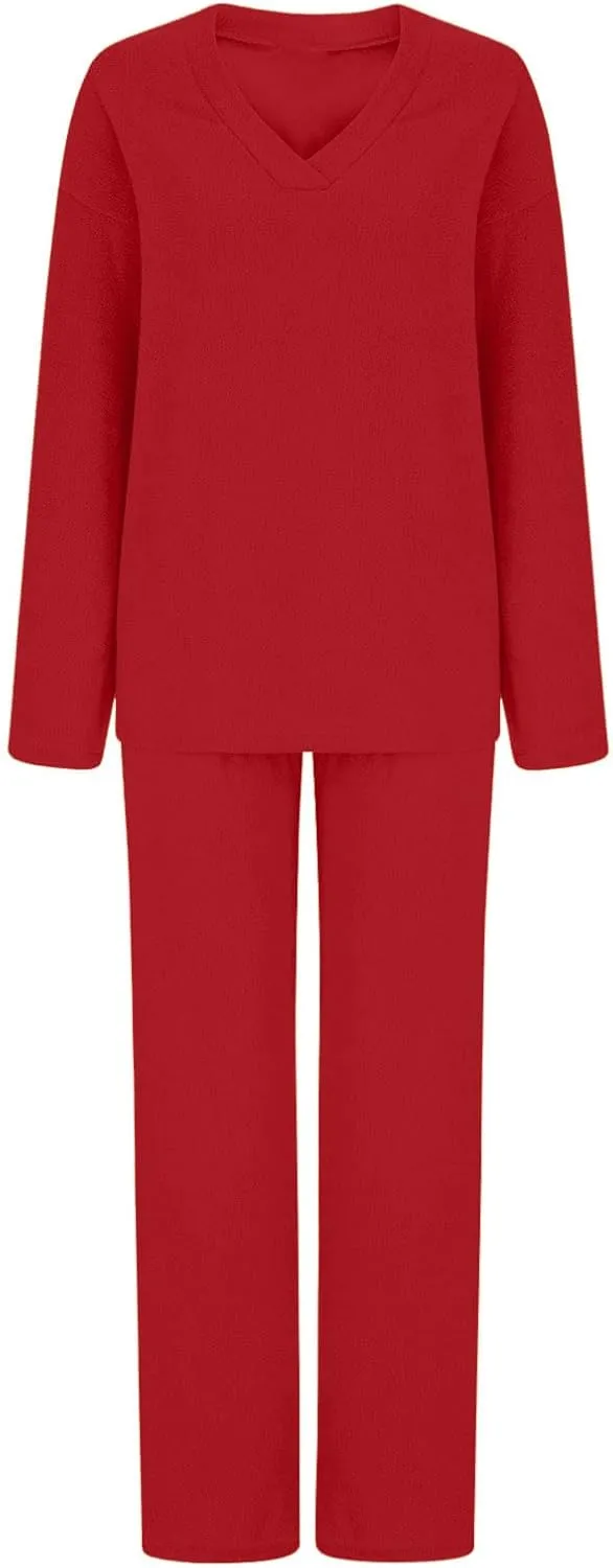 Lastesso Two Piece Sets for Women Loose Size Loungewear Soft Long Sleeve V Neck Homewear Outfits Baggy Wid Leg Slacks