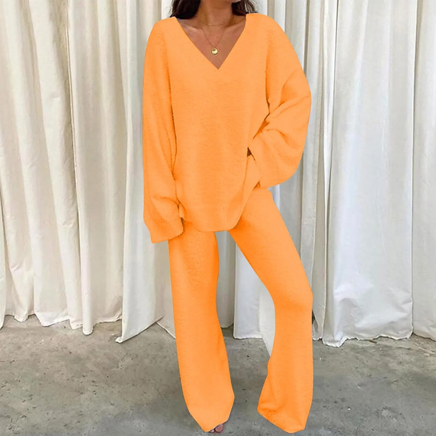 Lastesso Two Piece Sets for Women Loose Size Loungewear Soft Long Sleeve V Neck Homewear Outfits Baggy Wid Leg Slacks