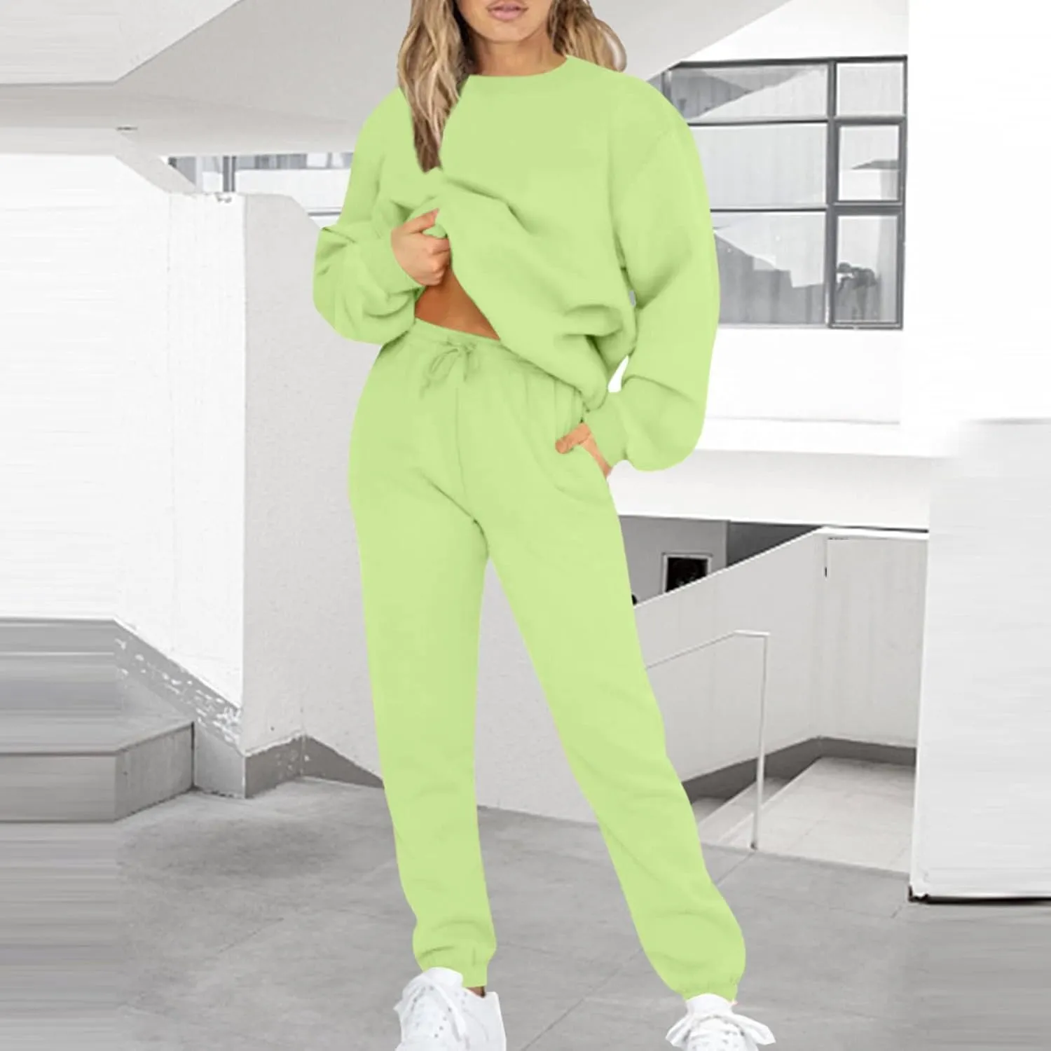 Lastesso Women Workout Sets Soft Plus Size Solid 2 Piece Sweatsuits Drop Shoulder Long Sleeve Sweatshirt with Baggy Pants