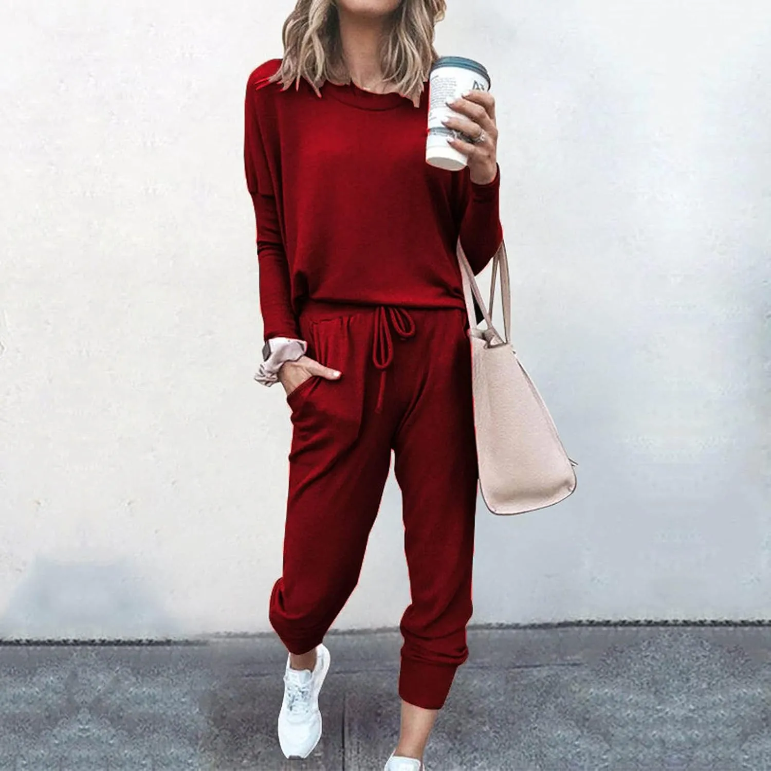 Lastesso Womens 2 Piece Sweatsuits Set Lightweight Loungewear Crewneck Loose Pullover Cozy Active Jogger Pants Soft Tracksuit