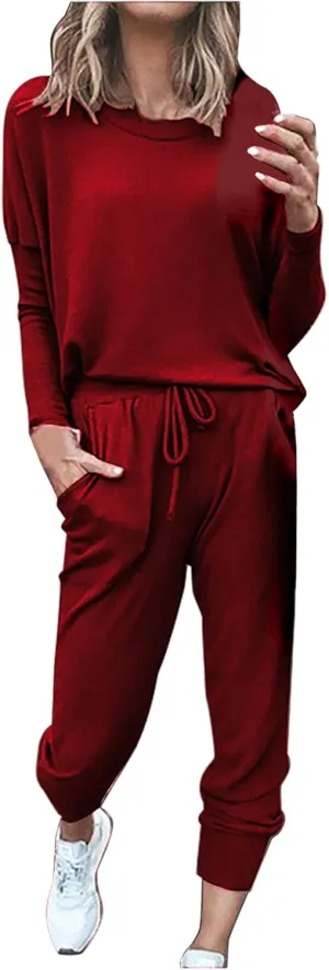 Lastesso Womens 2 Piece Sweatsuits Set Lightweight Loungewear Crewneck Loose Pullover Cozy Active Jogger Pants Soft Tracksuit